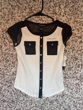 NWT Baby Phat Girls Medium Y2K Rhinestone Snap Top Black White Mesh Sleeve